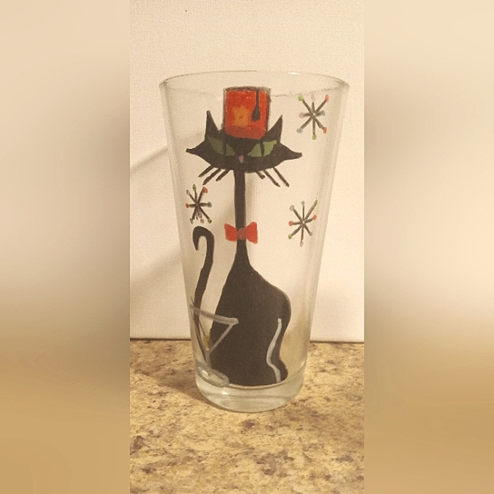 Handpainted Mid-century Inspired Black Atomic Cat Cocktail Glasses Set of 2 - Picture 2 of 4